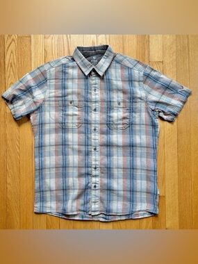 Kuhl Mountain Grown Men Short Sleeve Button Shirt Medium Cream Blue Orange Plaid